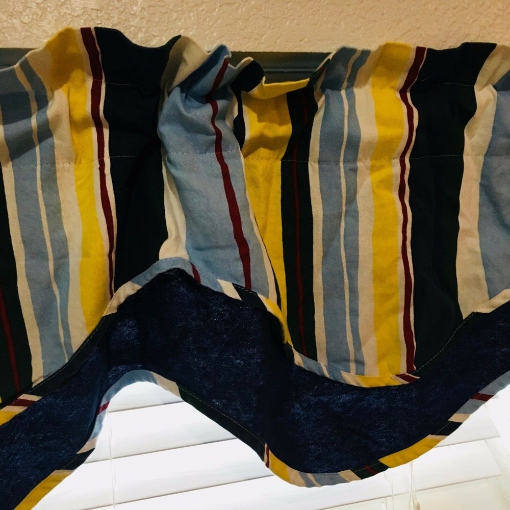 Blue Yellow Green Stripe Valance Scalloped Set of 2 Rod Pocket 60" X 18" Cotton